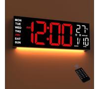 Mee 2ou Horloge Numérique Murale 16,5" avec Minuteur, Lumière Nocturne, 2 Réveils, 8 Couleurs RGB, Réglage Auto de la Luminosité, Température, Date, 24/12 Heure pour le Salon, Chambre, Bureau, Seniors