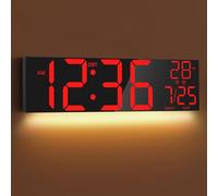 Mee 2ou Horloge Numérique Murale Géante 30" avec Veilleuse, Dimmable Automatiquement, Double Alarme, Écran LED Blanc/Rouge/Bleu, Température, Télécommande, Format 12/24H, Minuterie