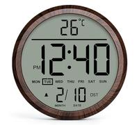 Mee 2ou Pendule Murale numérique Ronde 8″, Alimentation par Piles, réveil, thermomètre, 12/24H, Calendrier, Grands Chiffres LCD, Montage Mural, silencieuse, pour Cuisine, Salon, Bureau, Veine de Bois