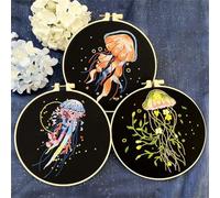 Meecaa Kit de broderie 3 pièces en forme de méduse et fleurs - Kit de broderie à la main - Motif imprimé au point de croix pour adultes débutants - Avec cercle à broder et instructions (français non