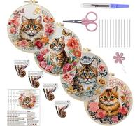 Meecaa Kit de broderie 4P - Kit de broderie à la main - Motif imprimé chat et fleur - Pour adultes débutants - Avec cercle à broder et instructions (français non garanti) (chat 1)