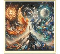 Meecaa Kit de broderie au point de croix, 11 fils, embossé, Phénix, Soleil, Lune, Fille, kit de broderie avec accessoires, pré-imprimé (36 x 36 cm) (Phénix)