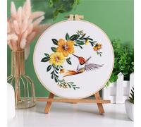 Meecaa Kit de broderie au point de croix avec motif imprimé colibri et fleurs jaunes pour adultes débutants, avec cercle à broder et instructions (français non garanti) (jaune)