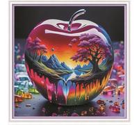 Meecaa Kit de broderie au point de croix estampé, 11 CT, kit de broderie pré-imprimé avec accessoires, motif paysage de pommes, montagnes, rivières (36 cm x 36 cm) (pomme)