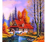 Meecaa Kit de broderie au point de croix estampillé, 11 CT, kit de broderie pré-imprimé avec accessoires, motif paysage d'automne (50 cm x 50 cm) (automne)