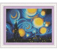 Meecaa Kit de broderie au point de croix estampillé, 11 CT, kit de broderie pré-imprimé avec accessoires, ciel étoilé et lune, Van Gogh (36 cm x 46 cm) (ciel étoilé)