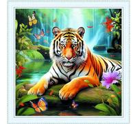 Meecaa Kit de broderie au point de croix estampillé, 11 CT, kit de broderie pré-imprimé avec accessoires, motif tigre, papillon, cascade (40 x 40 cm) (Tigre)