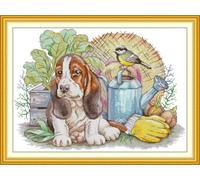 Meecaa Kit de broderie au point de croix estampillé, 14 CT, kit de broderie pré-imprimé avec accessoires, motif chien, oiseau, bouilloire (28 x 34 cm (chien)