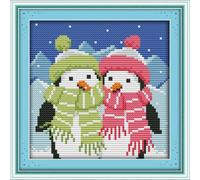Meecaa Kit de broderie au point de croix estampillé, 14 CT, kit de broderie pré-imprimé avec accessoires pour les amoureux des pingouins (18 x 18 cm, pingouin)