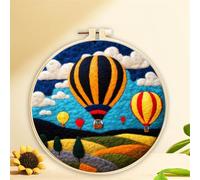 Meecaa Kit de feutrage à l'aiguille à faire soi-même pour débutants, paysage de montgolfière, ciel bleu avec fournitures en feutre de laine, cercles à broder, belle peinture en laine et outils de