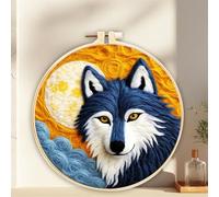 Meecaa Kit de feutrage à l'aiguille DIY pour débutants, animal loup lune comprenant des fournitures de feutre en laine, cercles à broder, belle peinture en laine et outils de feutrage à l'aiguille