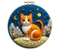 Meecaa Kit de feutrage à l'aiguille pour débutants, chat animal ciel étoilé à faire soi-même, fournitures de feutre de laine, cercles à broder, belle peinture en laine et outils de feutrage à
