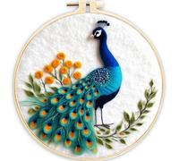 Meecaa Kit de feutrage à l'aiguille pour débutants, fleurs de paon, animaux à faire soi-même, y compris des fournitures de feutre de laine, des cerceaux à broder, une belle peinture en laine et des