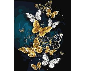 Meecaa Kit de peinture à l'huile par numéros papillon doré pour adultes débutants 40,6 x 50,8 cm (papillon fleur, encadré)
