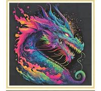 Meecaa Kits de Point de Croix 11 Count Estampés, Kit de Broderie Animal Dragon Coloré avec Accessoires Pré-Imprimé (36 cm x 36 cm) (Dragon)