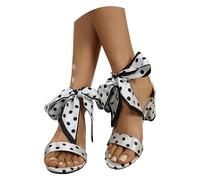 MEECHI 2026 Sandales De Mariée À Talons Blocs Sandals À Lacets for Femmes À Motif À Pois Talons Hauts Élégants À Bout Ouvert,36-43 Grande Taille, Chaussures De Soirée for Fêtes, Mariages(White,42 EU)