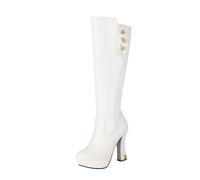 MEECHI Bottes À Hauteur du Genou avec Fleurs Boots Longues en Cuir PU for Femmes avec Talons Blocs Bottes De Neige Chaudes avec Fermeture Éclair Talons Hauts À Plateforme for l'hiver(White,39 EU)