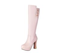 MEECHI Bottes À Hauteur du Genou avec Fleurs Boots Longues en Cuir PU for Femmes avec Talons Blocs Bottes De Neige Chaudes avec Fermeture Éclair Talons Hauts À Plateforme for l'hiver(Pink,40 EU)