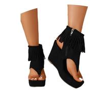 MEECHI Bottes D'été Sandales À Fermeture Éclair Sandales Femme Rétro Séparateur D'orteils À Franges Tongs Compensées À Plateforme Chaussures De Bureau en Daim À Bout Carré(Black,41 EU)