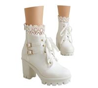 MEECHI Bottes Gothiques À Lacets for Femme Bottines Punk À Plateforme Et Talon Carré 2025 Nouvelles Bottines À Double Boucle Boots Motardes en Cuir PU avec Fermeture Éclair Talons Hauts(White,37 EU)