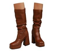 MEECHI Bottes Hautes for Femmes À Bout Carré Bottes Élégantes À Tige Longue Et Talon Bloc Chaussures À Enfiler en Cuir PU À Large Tube Et Boucle Talons Hauts À Plateforme for Hiver(Brown,36 EU)