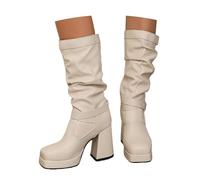 MEECHI Bottes Hautes for Femmes À Bout Carré Bottes Élégantes À Tige Longue Et Talon Bloc Chaussures À Enfiler en Cuir PU À Large Tube Et Boucle Talons Hauts À Plateforme for Hiver(White,37 EU)