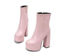MEECHI Bottines À Plateforme Et Talon Bloc Bottes Courtes en Cuir PU for Femmes avec Fermeture Éclair Latérale Talons Hauts Élégants De 14 Cm for Soirées(Pink,39 EU)