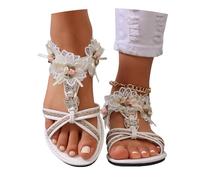 MEECHI Chaussures De Mariage Élégantes Sandales Plates Légères avec Fleurs for Femmes,Sandals À Brides en T Bohemia Sandales Romaines avec Bande Élastique Chaussures De Plage De Loisirs(38 EU)