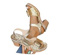 MEECHI Sandales À Talons Carrés for Femme 2025 Nouvelles Sandales Brillantes À Paillettes Talons Hauts De 7 Cm Sandales À Bout Ouvert en Cuir PU avec Boucle Chaussures De Plage D'été(Gold,39 EU)