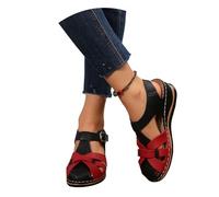 MEECHI Sandales De Randonnée Fermées for Femmes 2026,Chaussures Orthopédiques D'été avec Soutien De La Voûte Plantaire Sandales Creuses en Cuir PU avec Boucle Chaussures De Plage Vintage(Red,37 EU)