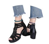 MEECHI Sandales Élégantes À Talon Carré Sandales Creuses for Femmes Bottines D'été À Bout Ouvert Et Fermeture Éclair Sandals Romaines avec Strass Chaussures De Soirée Talons Hauts(Black,37 EU)