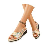 MEECHI Sandales Élégantes for Femmes À Motif Floral Sandals Vintage À Talon Compensé avec Boucle Talons Hauts À Bout Ouvert D'été 2026 Sandales De Plage Romaines Chaussures De Soirée(Yellow,42 EU)