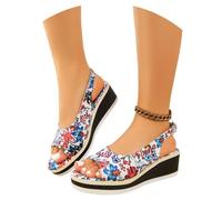 MEECHI Sandales Élégantes for Femmes À Motif Floral Sandals Vintage À Talon Compensé avec Boucle Talons Hauts À Bout Ouvert D'été 2026 Sandales De Plage Romaines Chaussures De Soirée(Blue,39 EU)