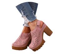 MEECHI Sandales Fermées for Femmes 2026, Sandales De Mariée À Talon Bloc, Talon Ouvert,Talons Hauts Creux en Cuir PU Vintage Pantoufles À Plateforme D'été for Bureau, Fêtes(Pink,40 EU)