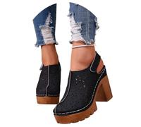 MEECHI Sandales Fermées for Femmes 2026, Sandales De Mariée À Talon Bloc, Talon Ouvert,Talons Hauts Creux en Cuir PU Vintage Pantoufles À Plateforme D'été for Bureau, Fêtes(Black,37 EU)