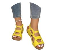 MEECHI Sandales Orthopédiques for Femmes avec Soutien De La Voûte Plantaire Sandals À Plateforme À Talons Compensés Sandales Romaines en Cuir PU Chaussures De Plage avec Bande Élastique(Yellow,41 EU)