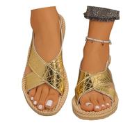 MEECHI Sandales Plates D'été for Femmes 2026, Sandales À Bout Ouvert en Cuir Verni PU avec Boucle,36-43 Flip-Flops Grande Taille Chaussures De Plage De Loisirs Boho for Vacances(Gold,36 EU)