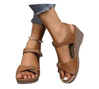 MEECHI Sandales Romaines Vintage À Boucle Sandales Compensées À Plateforme for Femme Sandales Confortables for Pieds Larges Chaussures De Plage Décontractées À Bout Ouvert en Cuir PU(Brown,38 EU)