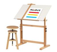 MEEDEN Table à dessin blanche et tabouret en bois de hêtre réglable en hauteur avec rebord pour crayon et règle - Grandes tables de dessin inclinables pour artiste adulte, peinture studio d'art