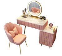 Meedlopia Bureau de Maquillage de Luxe avec Miroir LED et Chaise de Maquillage, tiroirs en Bois Massif, Coiffeuse avec Armoire latérale Bureau en marbre