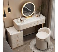 Meedlopia Coiffeuse Élégante avec Miroir LED 3 Couleurs Réglable & Table d'Appoint Mobile - Coiffeuse Plateau Marbre et Tabouret de Rangement Intégré pour Femmes/Filles | Organisation Luxe