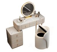 Meedlopia Coiffeuse Luxe Miroir LED HD 3 Teintes, Table d'Appoint Déplaçable, Surface Marbre - Coiffeuse Élégante avec Tabouret de Rangement pour Femmes et Filles