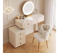 Meedlopia Ensemble Coiffeuse Professionnel: Miroir LED 3 Couleurs, Dessus Marbre - Coiffeuse avec Chaise Pétale et Range Mobile - pour Femme/Jeune Fille (Superbe Cadeau Épouse)