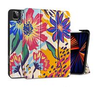 MEEgoodo Étui pour iPad Pro M2 12.9 6e/5e/4e/3e génération 2022 2021 2020 2018 avec Porte-Crayon, Coque arrière en TPU Souple, Fleurs peintes d'art