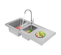 MEELRYD Évier de cuisine encastrable en acier inoxydable de qualité supérieure avec 2 bacs et égouttoir, type de montage : affleurant, surface facile à nettoyer, 100 x 50 x 19 cm