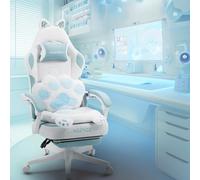 MEENICE Chat Chaise Gaming Ergonomique Fauteuil Gaming avec Repose-Pieds, Coussin Lombaire et Oreilles de Chat, pour Femmes, Adultes, Adolescents, Bleu et Blanc