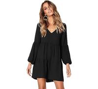 MeeQee Femme Casual Robes col en V à Manches Longues Elegante Chic Courtes Mini Robes Lâche Ourlet à Volants Épissur Décontracté Robe Midi de Cocktail Party Soirée