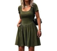 MeeQee Femme Robes D'été à Manches Courtes Décontractées Mini Robe col Carré Sexy Plissées A-Line Courte Robe Moulante Chic et Elegant Tunique Swing Robes avec Poches Longueur Genou