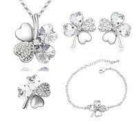 MeeQee Four Leaf Clover Bijoux trèfle Ensemble de Bijoux Trèfle à Quatre Feuilles Collier Boucles d'oreilles Bracelet Broche 4pcs Set pour Cadeaux Femmes Filles WH