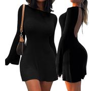 MeeQee Robe à Manches Longues Femme Sexy Backless Moulante Mini Robes Y2K Bodycon Slim Fit Courte Dress Élégante Noir Robe pour Cocktail Fête Clubbing